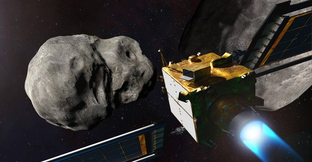 Ilustrasi satelit DART menghantam asteroid Dimorphos Foto: NASA