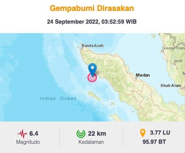 Gempa 6,4 magnitudo di laut 45 km barat daya Meulaboh, Aceh, Sabtu (24/9/2022). Foto: Dok. BMKG