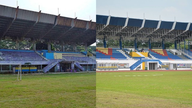 Kondisi tribun penonton Stadion Benteng dulu (kiri) dan sekarang (kanan). Foto: Helmi Afandi/kumparan, Alif Zaky/kumparan