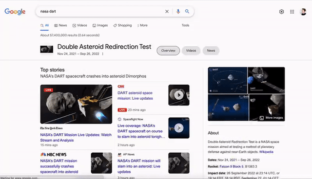Mesin pencari Google Search berguncang ditabrak pesawat penghancur asteroid NASA. Foto: Twitter/@NASA