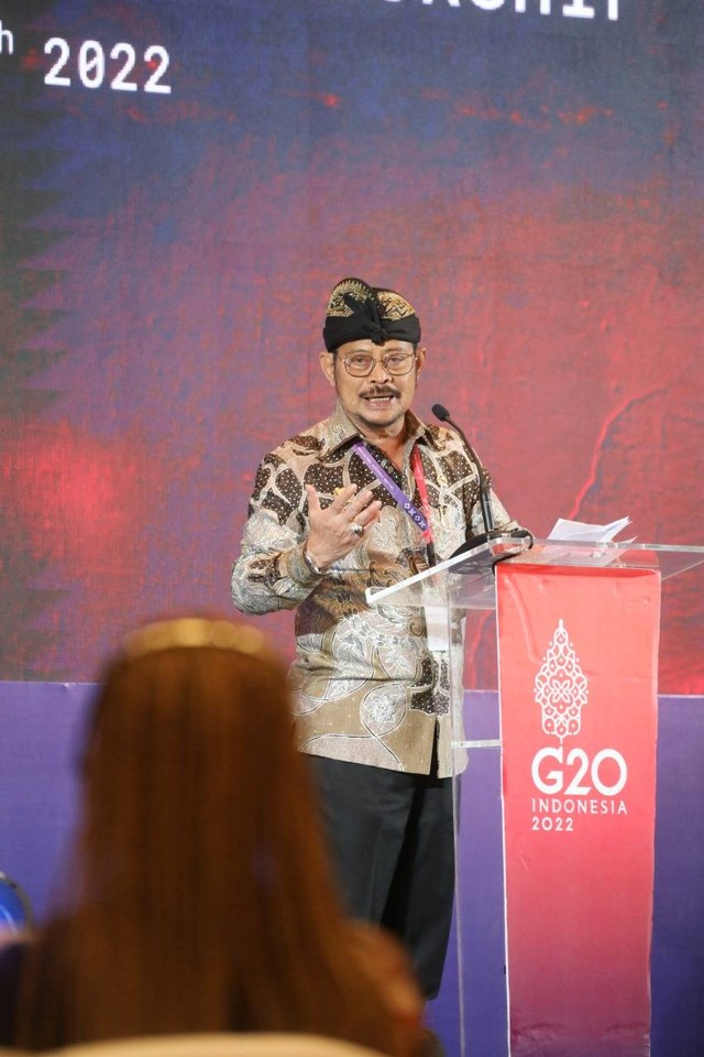 Mentan Syahrul Yasin Limpo (SYL) membuka kegiatan Global Forum, side event kegiatan Agriculture Ministers Meeting (AMM) G20 Indonesia, di Hotel Intercontinental, Jimbaran, Bali pada Selasa (27/09/2021). Foto: Dok. Kementan