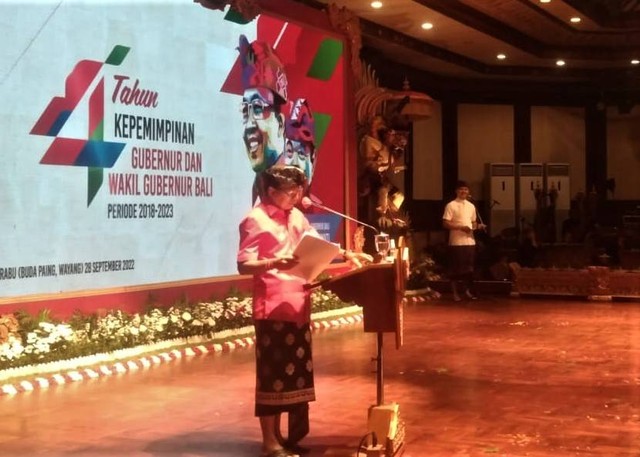 Gubernur Bli Wayan Koster dalam Pidato 4 tahun Kepemimpinan  Koster-Ace di Art Center, Rabu, (28/9/2022) - IST