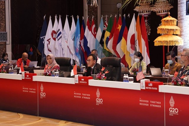 Salah satu sesi pertemuan G20 di bawah Presidensi Indonesia dengan latar bendera negara-negara anggota G20.  Foto: Dok. Panitia Nasional Presidensi G20 Indonesia