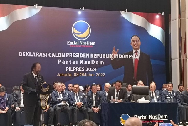 Sambutan Ketua Umum Partai NasDem Surya Paloh di acara Deklarasi Calon Presiden Republik Indonesia Partai NaDem Pilpres 2024 di NasDem Tower, Jakarta, Senin (3/10/2022). Foto: Zamachsyari/kumparan