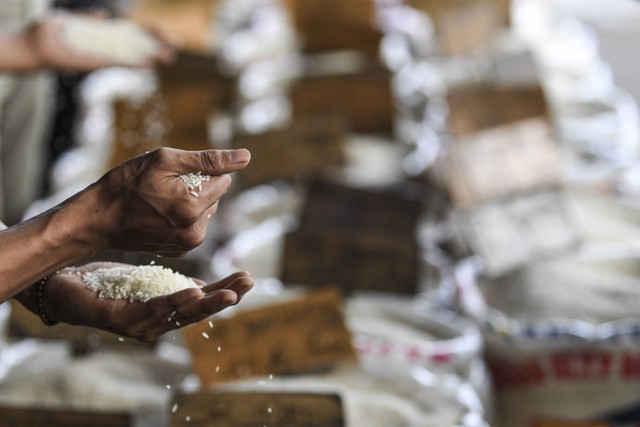 Calon pembeli mengecek kualitas beras di Pasar Induk Beras Cipinang, Jakarta, Senin (3/10/2022). Foto: M Risyal Hidayat/ANTARA FOTO