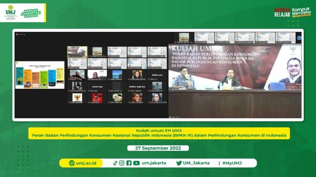 Ketua Komisi Advokasi BPKN RI, Dr. Rolas B. Sitinjak, SH., MH. saat menjadi narasumber Kuliah Umum yang disaksikan peserta, via zoom meetings, pada Selasa (27/9/2022).