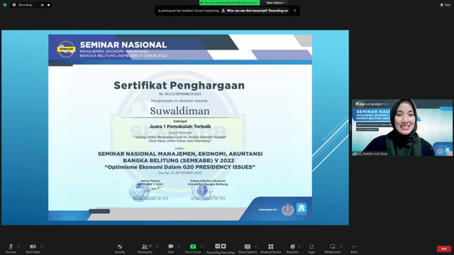 Tri/AKADEMISI - Suwaldiman sebagai Pemakalah Terbaik dalam SEMEABB tahun 2022