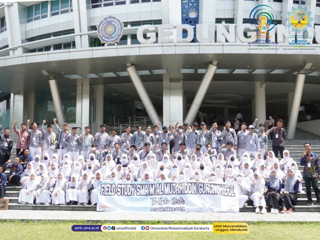 Rombongan SMA Muhammadiyah Al Mujahiddin Gunungkidul saat di depan Gedung Induk Siti Walidah UMS. Foto Humas UMS