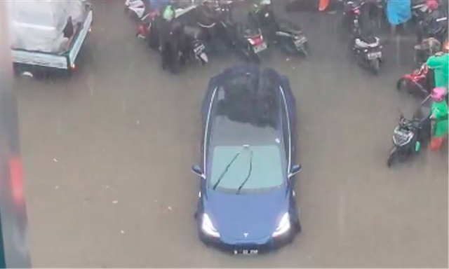 Mobil listrik Tesla terendam banjir di Cilandak, Jakarta.  Foto: dok. instagram.com/daengrandy