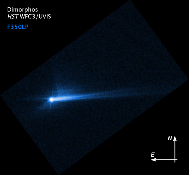 Hantaman DART menghasilkan 'ekor' ejekta dari Dimorphos, memiliki panjang 10.000 kilometer, dijepret oleh teleskop luar angkasa Hubble pada 8 Oktober lalu. Foto: NASA