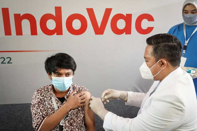 Petugas menyuntikkan vaksin pada Peluncuran dan Penyuntikan Perdana Vaksin IndoVac di kantor Bio Farma, Bandung, Jawa Barat, Kamis (13/10/2022). Foto: Dhemas Reviyanto/ANTARA FOTO