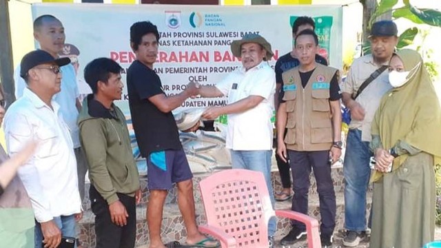 Penyerahan bantuan beras untuk korban banjir di Desa Pamulukang, Kecamatan Kalukku, Kabupaten Mamuju. Foto: Dok. Pemprov Sulbar