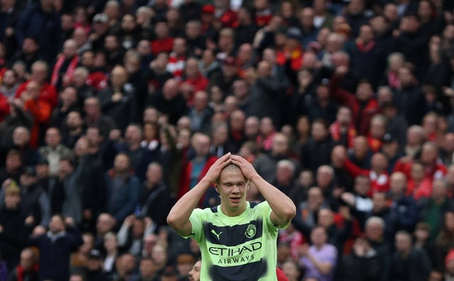 Erling Haaland saat laga Liverpool vs Man City di Stadion Anfield dalam lanjutan Liga Inggris 2022/23 pada 16 Oktober 2022. Foto: REUTERS/Phil Noble