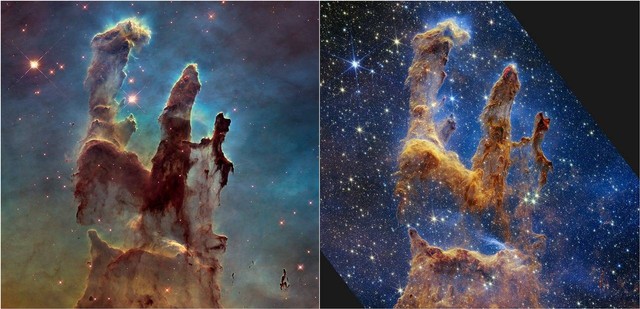 Perbandingan foto nebula 'Pillars of Creation' oleh teleskop Hubble (kiri) dengan James Webb (kanan). Foto: NASA