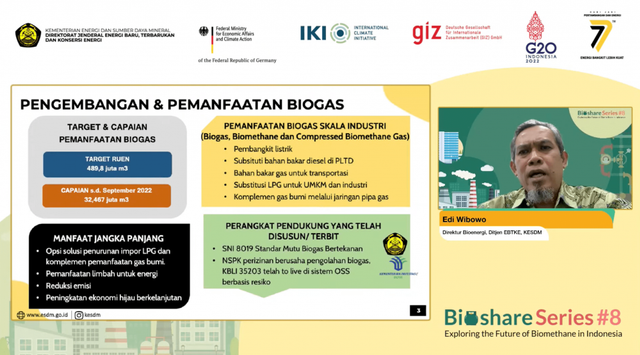 Direktur Bioenergi Ditjen EBTKE Kementerian ESDM Edi Wibowo saat membuka kegiatan Bioshare Series #8 bertajuk Exploring the Future of Biomethane in Indonesia, Rabu (19/10), secara virtual. Foto: Dok. Kementerian ESDM