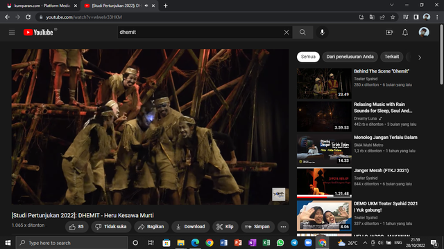 Pementasan Dhemit di Youtube Teater Syahid. Sumber: tangkapan layar (dokumentasi pribadi)