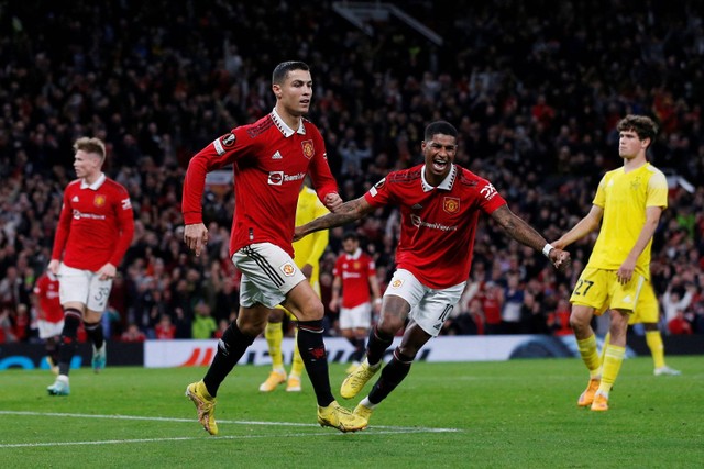 Selebrasi pemain Manchester United Cristiano Ronaldo usai mencetak gol gke gawang Sheriff Tiraspol pada pertandingan lanjutan Grup E Liga Europa di Old Trafford, Manchester, Inggris.
 Foto: Craig Brough/REUTERS