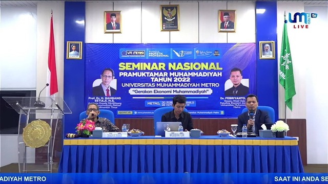 Universitas Muhammadiyah(UM) Metro menggelar Seminar Nasional Pramuktamar Muhammadiyah Tahun 2022, bertempat di Aula Gedung HI UM Metro, Rabu, (26/10/2022). (Sumber gambar: Youtube UM Metro)