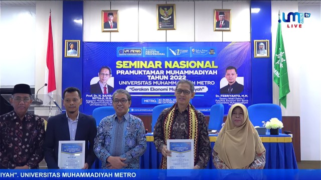 Universitas Muhammadiyah(UM) Metro menggelar Seminar Nasional Pramuktamar Muhammadiyah Tahun 2022, bertempat di Aula Gedung HI UM Metro, Rabu, (26/10/2022). (Sumber gambar: Youtube UM Metro)
