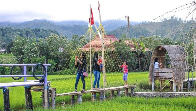 Jembatan bambu yang disediakan bagi pengunjung untuk menikmati hamparan sawah dengan sejumlah spot foto yang unik. Foto: Frendy