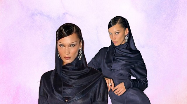 Tampilan glamor Bella Hadid pakai gaun vintage dan kerudung di acara Fashion Trust Arabia Awards. Foto: Instagram/@bellahadid