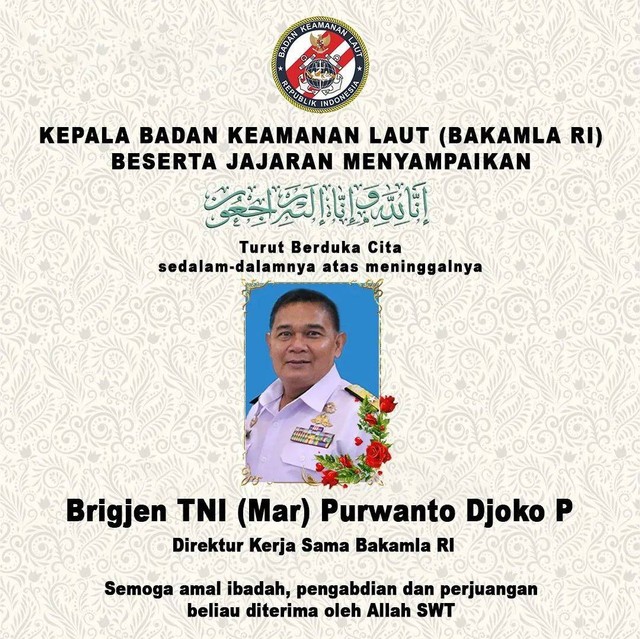 Direktur Kerjasama Laksma Bakamla Purwanto Djoko Prasetyo meninggal dunia. Foto: Instagram/@bakamla_ri