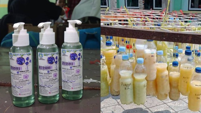 Hand soap dari bahan tumbuhan dan PSB (PhotoSintesis Bacteria) sebagai produk hasil implementasi P5 di SMP Negeri 7 Purwakarta. Foto: Dok.Narasumber