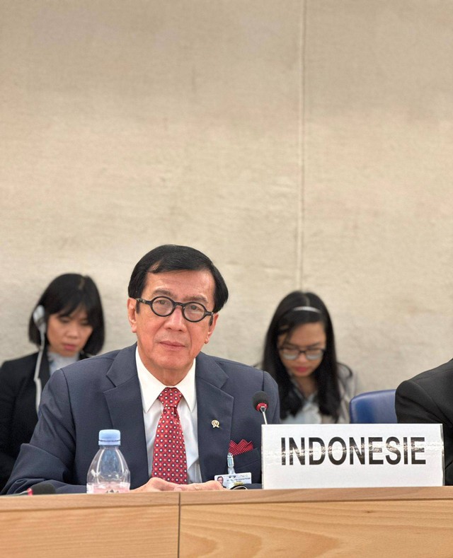 Menteri Hukum dan Hak Asasi Manusia, Yasonna Laoly, menyampaikan berbagai kondisi pembangunan di bidang HAM Indonesia yang dilaporkan kepada Dewan HAM PBB. (Foto: Kemenkumham)