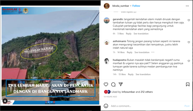 Tangkapan layar informasi resmi akun instagram BKSDA Sumbar terkait rencana pembangunan landmark di Lembah Harau.