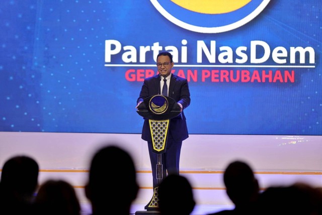 Bakal calon presiden dari Partai NasDem Anies Baswedan menyampaikan sambutan dalam Puncak Perayaan HUT ke-11 NasDem di Jakarta Convention Center (JCC), Jakarta, Jumat (11/11/2022). Foto: Iqbal Firdaus/kumparan