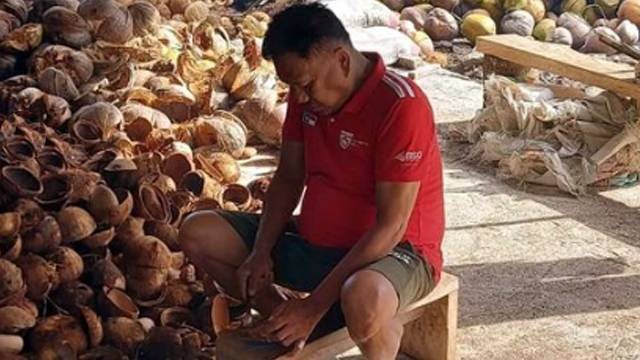 Gubernur Sulawesi Utara, Olly Dondokambey terlihat serius saat memisahkan isi kelapa dari batoknya. (foto: istimewa)