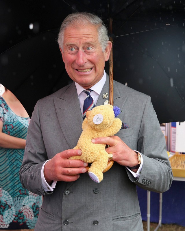 Pangeran Charles, Pangeran Wales memegang boneka beruang untuk Pangeran George dari Cambridge saat kunjungan ke Pameran Bunga Sandringham ke-132 di Rumah Sandringham di King's Lynn, Inggris pada 31 Juli 2013. Foto: Chris Jackson - WPA Pool/Getty Images