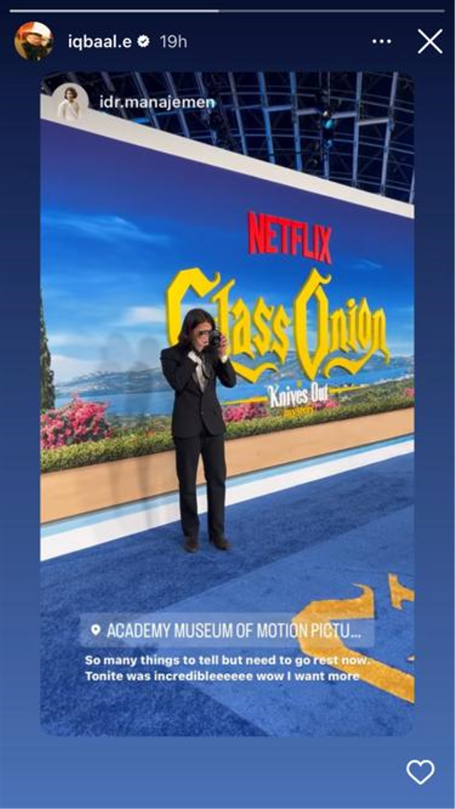Iqbaal Ramadhan menghadiri acara world premiere film terbaru Netflix, Glass Onion: A Knives Out Mystery. Foto: Instagram/@iqbaal.e