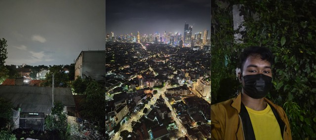 Dari kiri ke kanan: foto kamera belakang, night mode, dan selfie dengan night mode di low light Foto: Rian Ramadhan/kumparan
