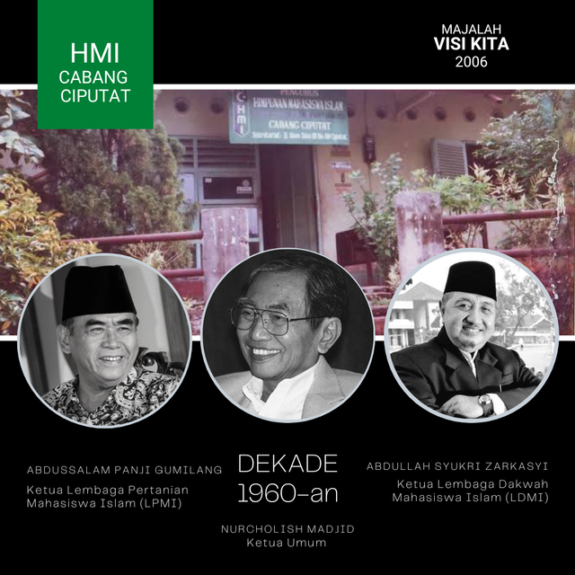 Aktifis HMI Cabang Ciputat 1960-an: Abdussalam Panji Gumilang, Nurcholish Madjid (Cak Nur), Abdullah Syukri Zarkasyi. Cak Nur dan Syukri Zarkasyi periode yang sama, 1964-1965. Keduanya senior Abdussalam Panji Gumilang [dok. Alfi Rahmadi] 