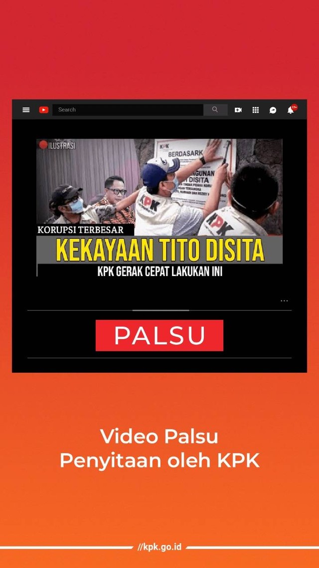 Tangkapan layar video hoaks penyitaan harta kekayaan Tito Karnavian, Kamis (17/11).  Foto: Dok. KPK