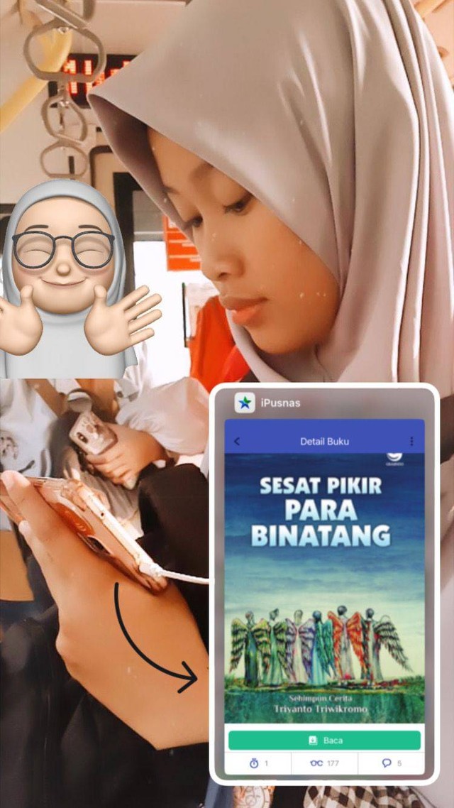 Seorang wanita sedang membaca buku digital dari aplikasi iPusnas di transportasi umum Busway TransJakarta. Foto oleh Uliana Hidayatika