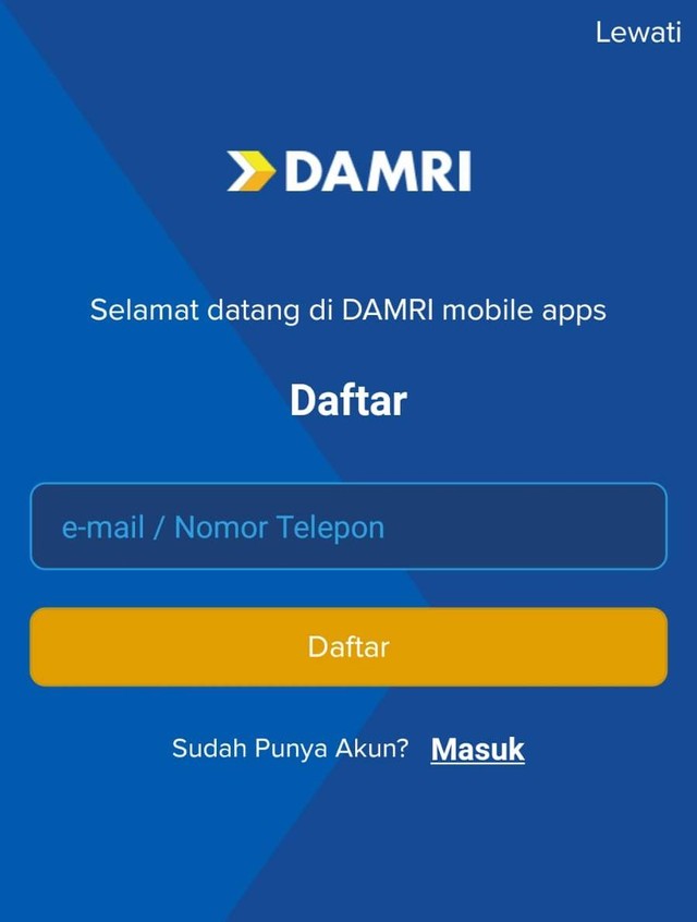 Halaman pendaftaran akun Aplikasi Damri. Foto: dok. Istimewa