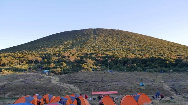 Areal camp di Alun-alun Suryakencana dengan latar belakang puncak Gede. Foto: Harley Sastha.