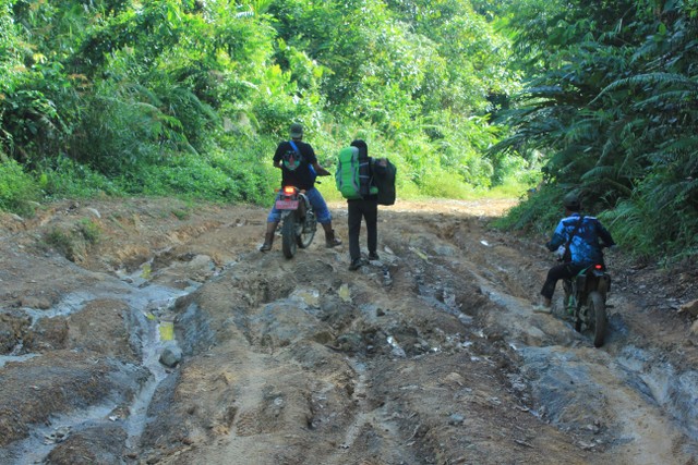 Perjalanan menuju Desa Tengon memang mempunyai tantangan tersendiri. Terlebih saat turun hujan. Butuh perjuangan karena medannya yang tidak mudah. Foto: Doc. Tim Jelajah CA Gunung Nyiut 2022 BKSDA Kalbar.