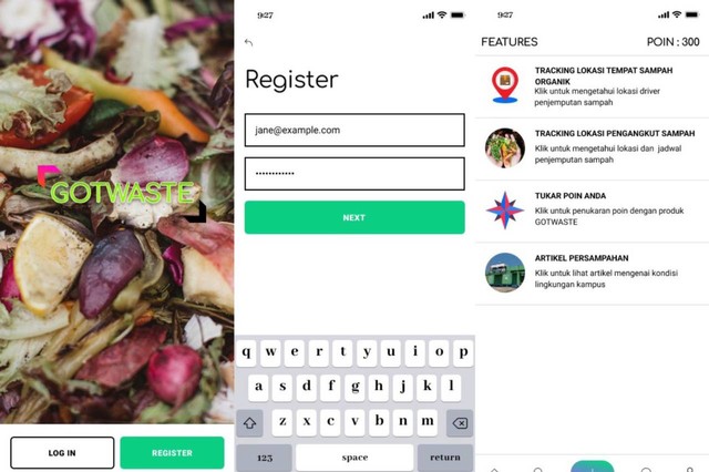 Prototipe interface aplikasi GOTWASTE rancangan Muzaki Kurnianto, mahasiswa Departemen Teknik Lingkungan ITS, untuk membantu pengolahan sampah organik.