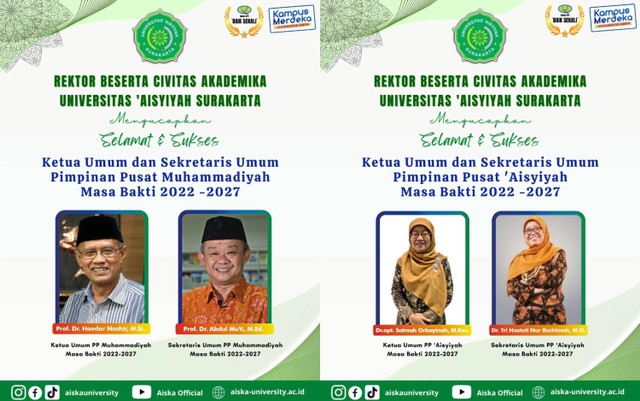 Ucapan Selamat Rektor Universitas 'Aisyah Surakarta untuk Ketum dan Sekum Muhammadiyah-'Aisyiyah masa bakti 2022-2027 (Foto: Humas UNISA Surakarta)