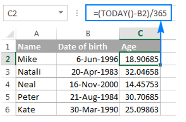 Tampilan data Excel yang akan dihitung menggunakan fungsi TODAY. Foto: Ablebits