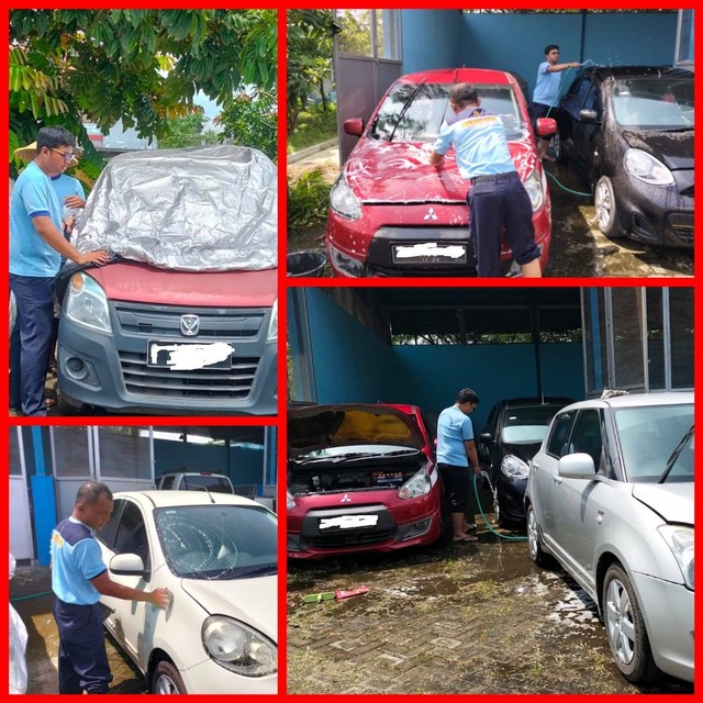 Rupbasan Mojokerto Pelihara dan Rawat Mobil Sitaan Bersihkan dan Tutup dengan Cover (Foto:HumasRupMoker)