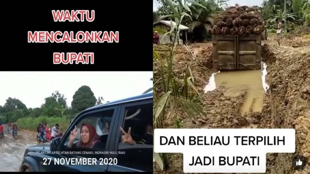 Kondisi jalan sesudah dan sebelum Rezita menjadi Bupati Inhu. (Tangkapan layar/Instagram)