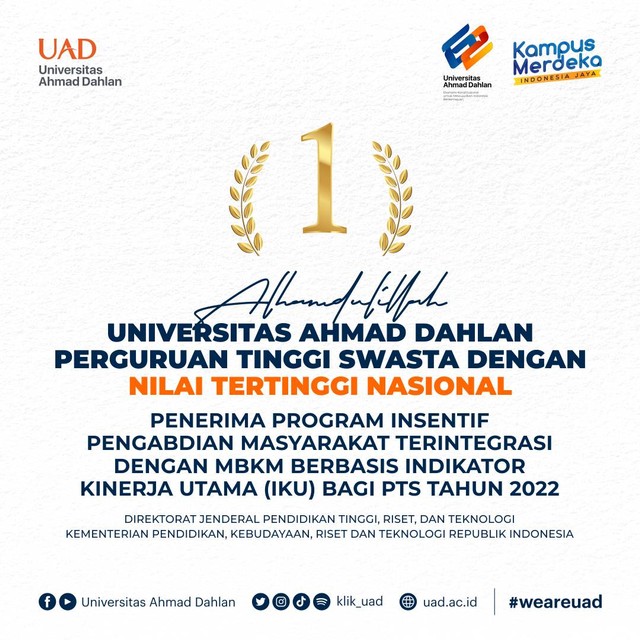 Universitas Ahmad Dahlan (UAD) Peringkat 1 PTS Nasional Penerima Program Insentif Pengabdian Masyarakat Tahun 2022