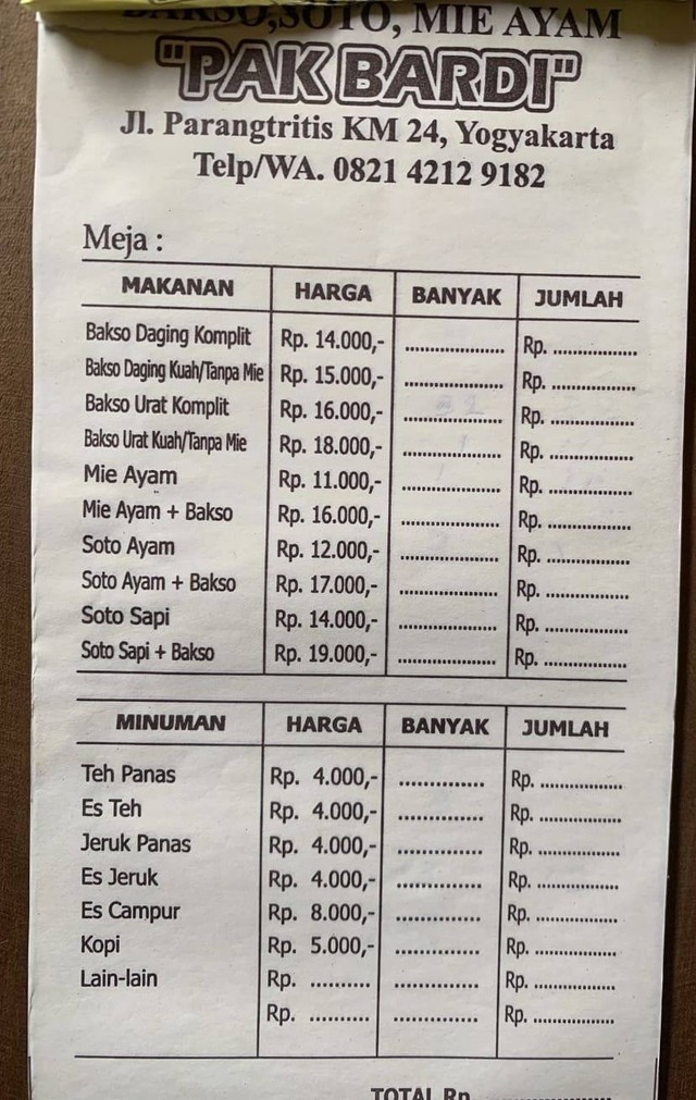 Daftar menu di warung bakso pak Bardi (Rabu (23/11/22))