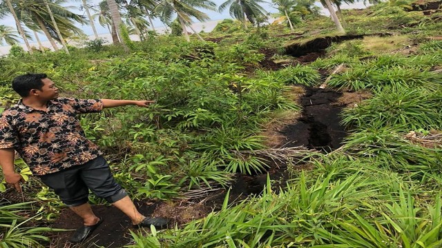 Lahan perkebunan warga di Bengkalis, Riau, retak. (ANDRIAS/SELASAR RIAU)