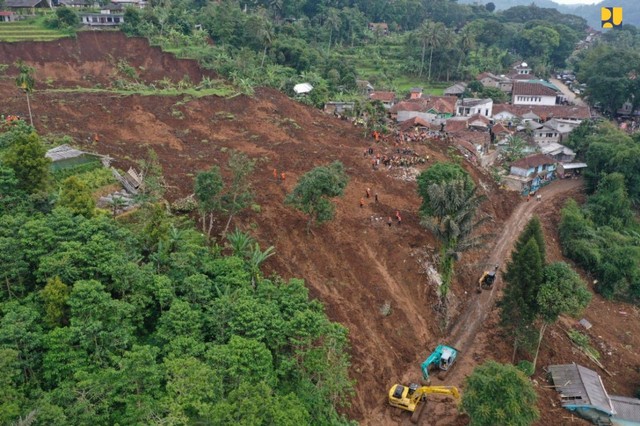 Sejumlah alat berat membuka akses jalan dari longsor akibat gempa di Jalan Kabupaten ruas Cugenang-Salahuni, Kamis (24/11). Foto: Dok. Kementerian PUPR
