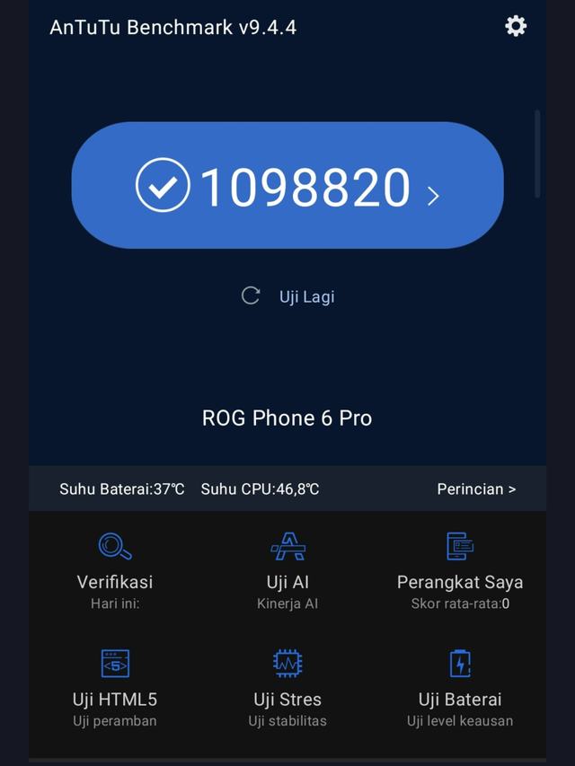 Skor AnTuTu Asus ROG Phone 6 melebihi 1 juta. Foto: Screenshot